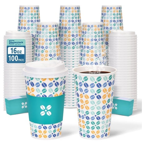 100-Pack 16 Oz Paper Coffee Cups with Lids & Sleeves
