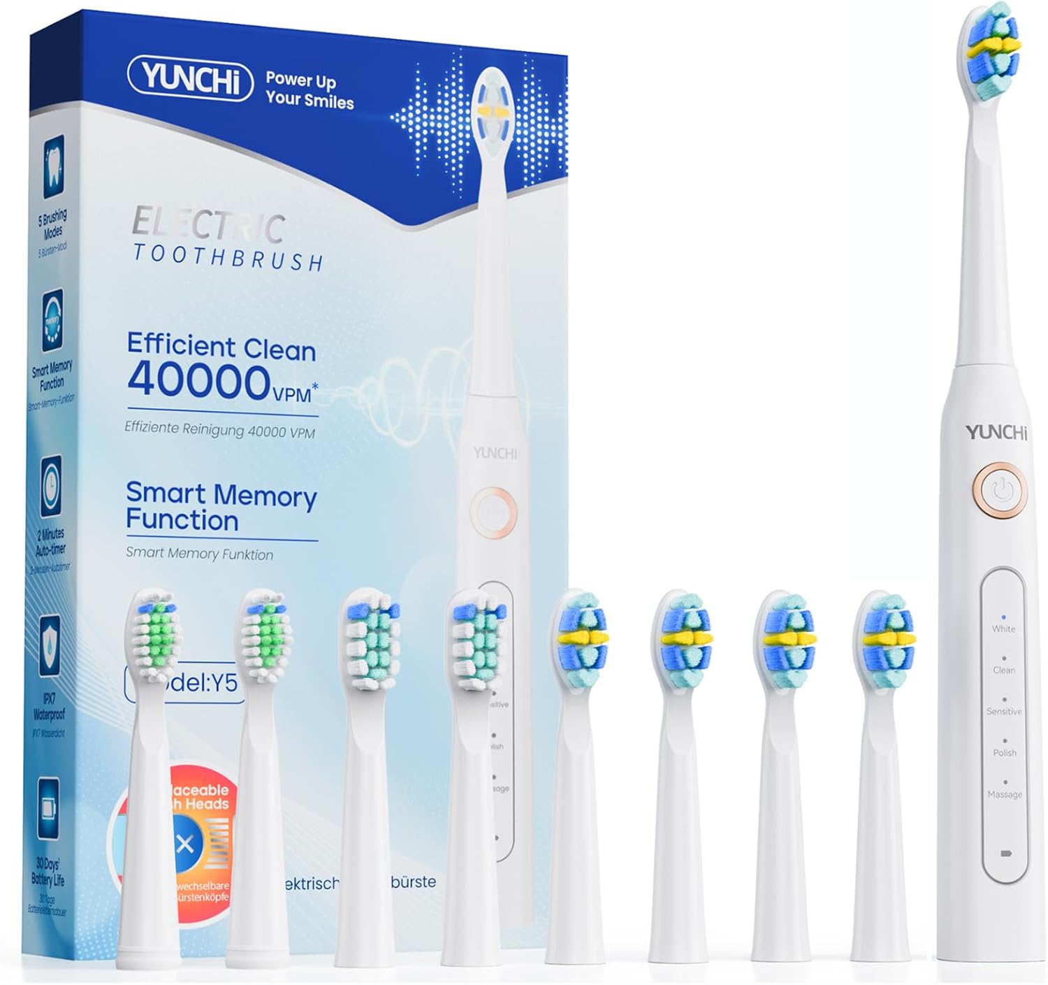 YUNCHI Electric Toothbrush With 8 Brush Heads & 5 Modes