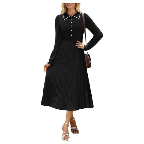 Pleated Long Sleeve Sweater Dress