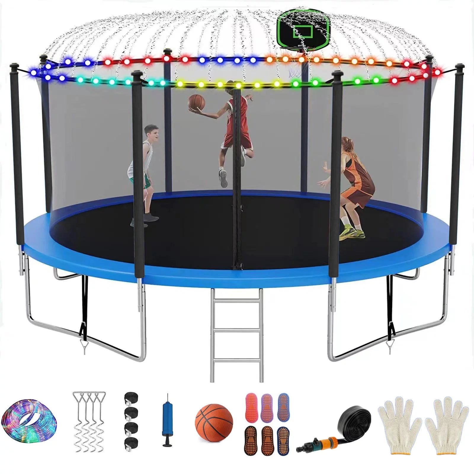 Trampoline with Net, Basketball Hoop, Sprinkler, & LED Lights