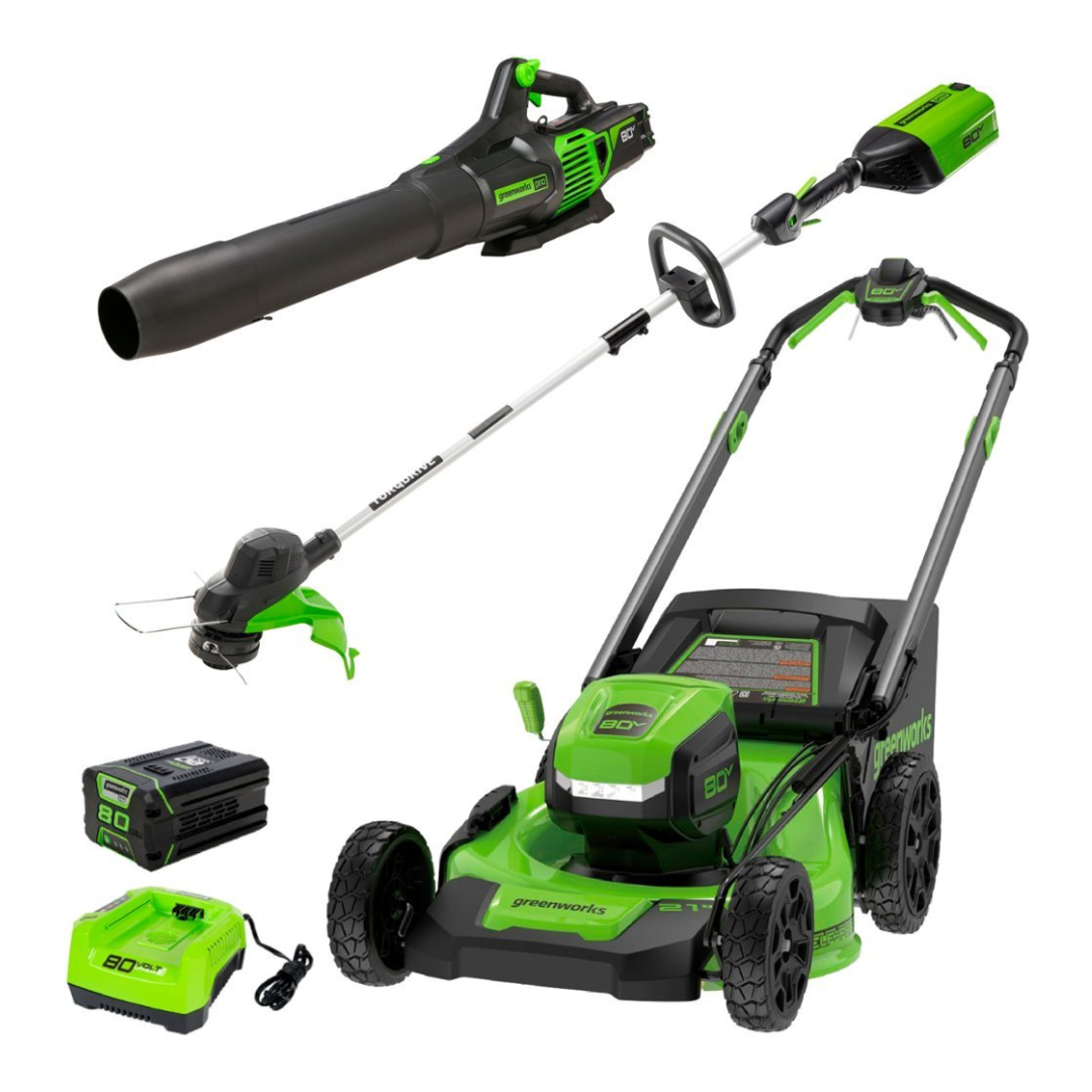 Greenworks 80V 21” Lawn Mower, 13” String Trimmer, & 730 Leaf Blower Combo with 4 Ah Battery & Charger