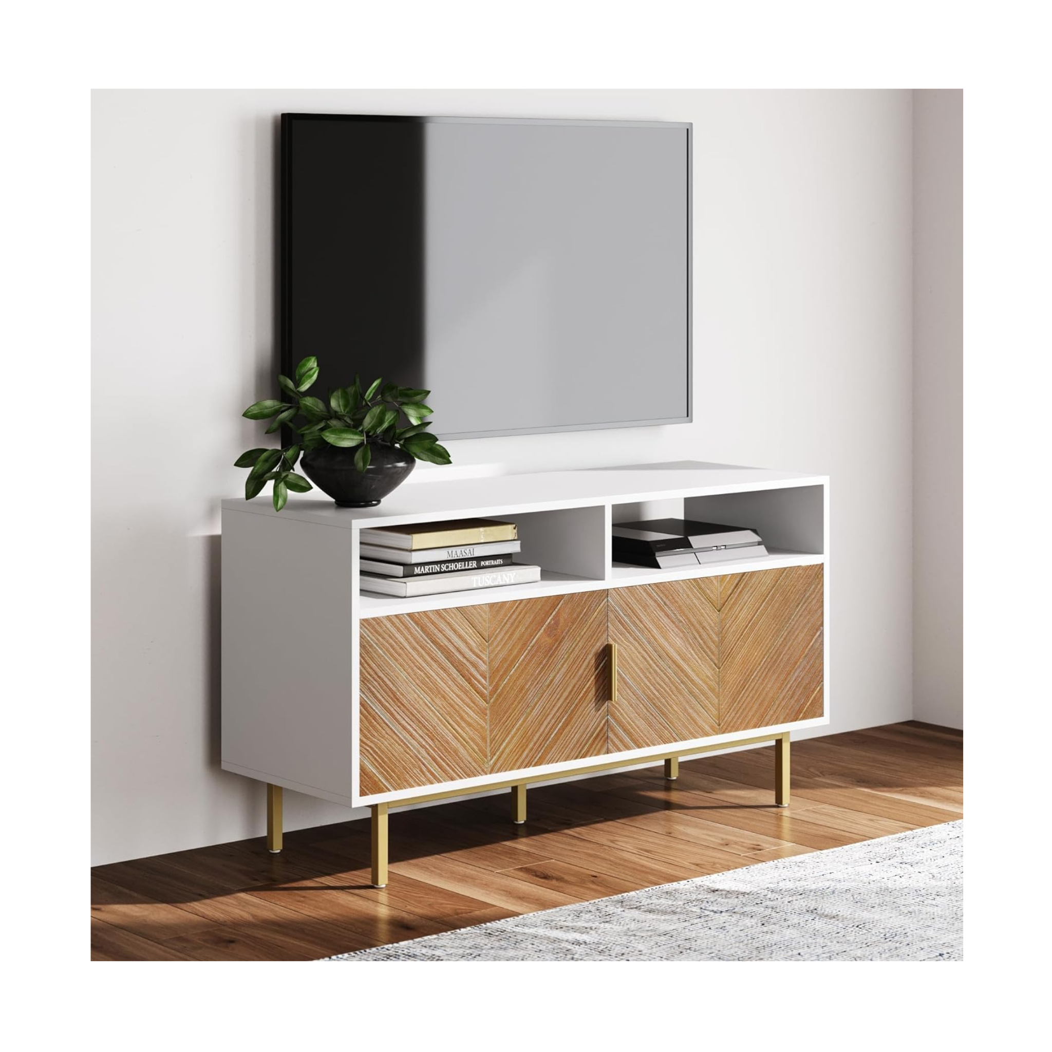 Nathan James Izsak Media Console, TV Stand with Herringbone Doors and Cubby Storage in a Fir Wood Finish