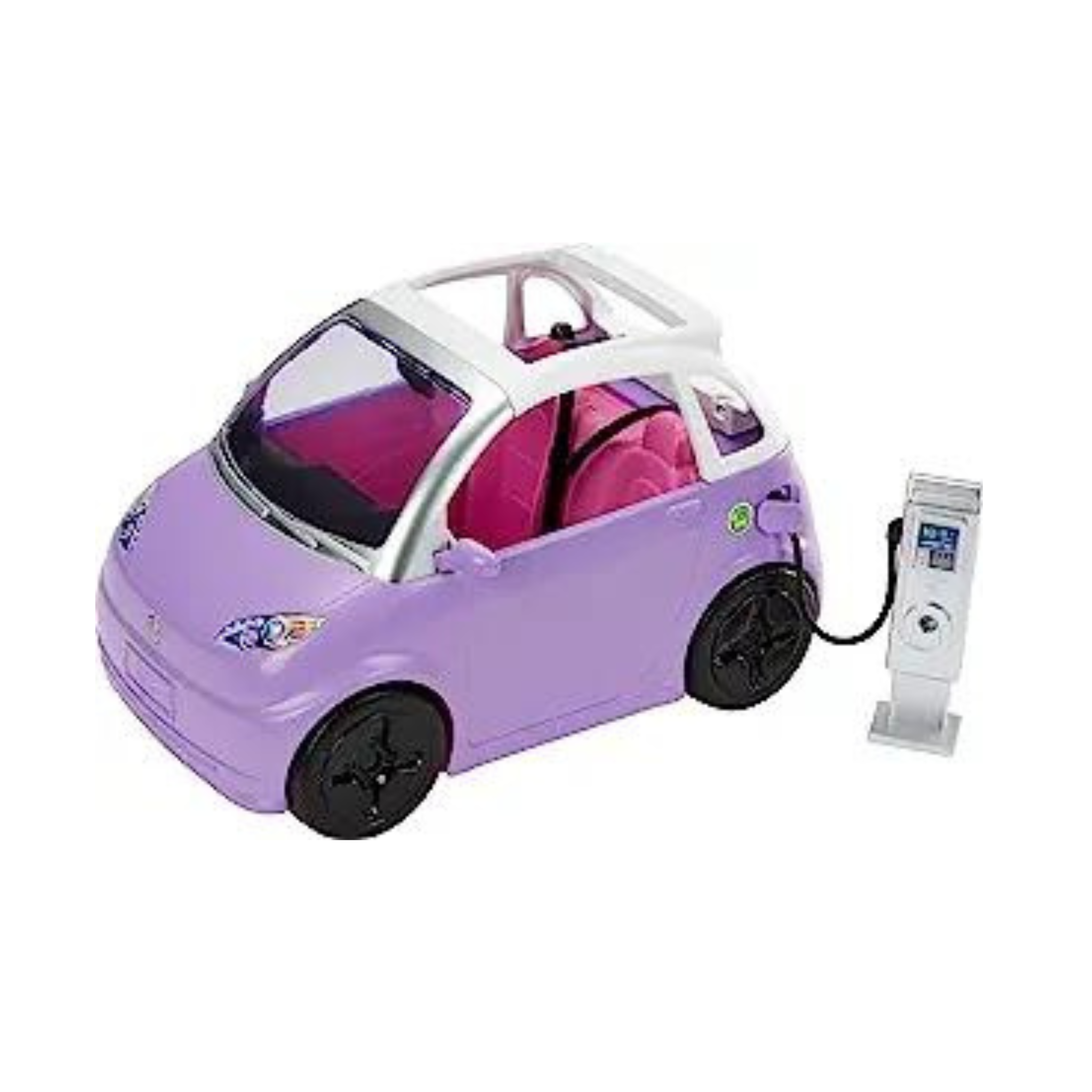 Barbie Toy Car "Electric Vehicle" with Charging Station, Purple 2-Seater Transforms into Convertible