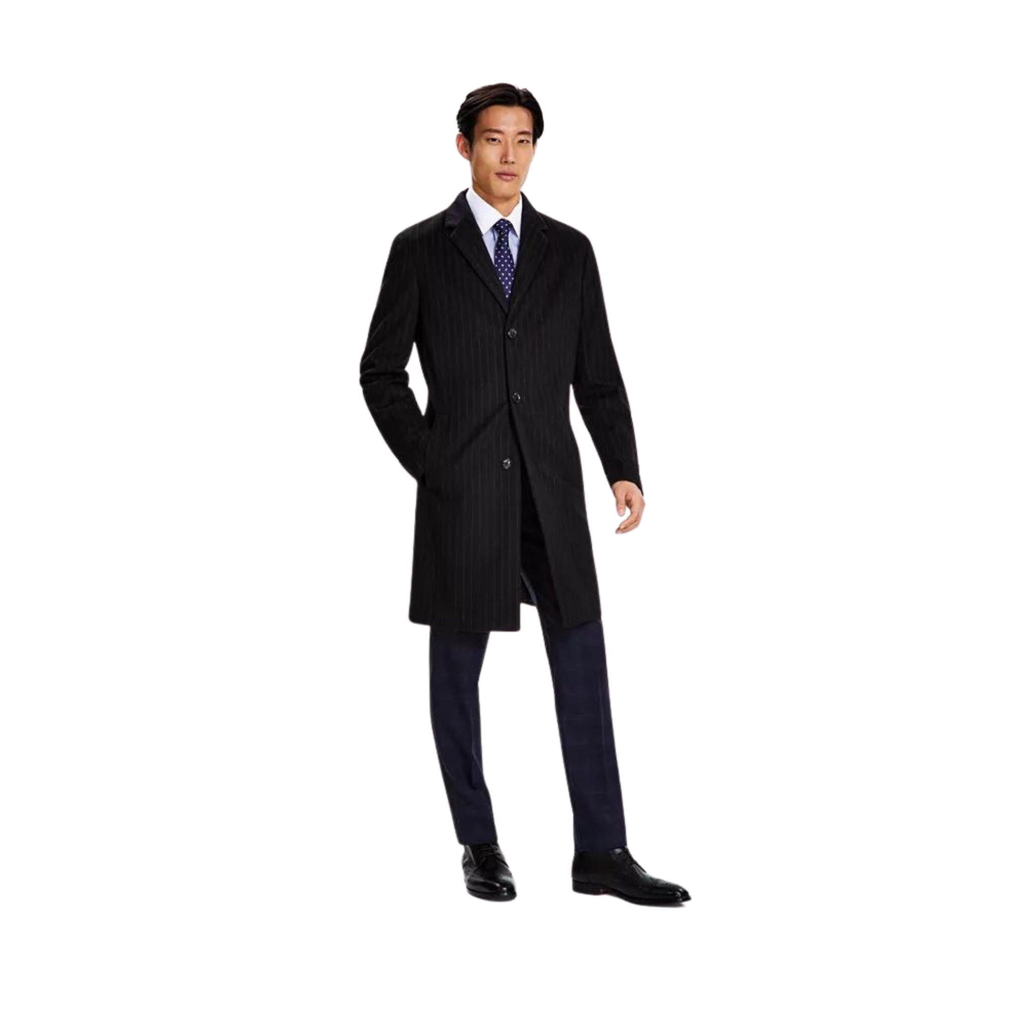 Tommy Hilfiger Men's Addison Wool-Blend Trim Fit Overcoat (Black Pinstripe)