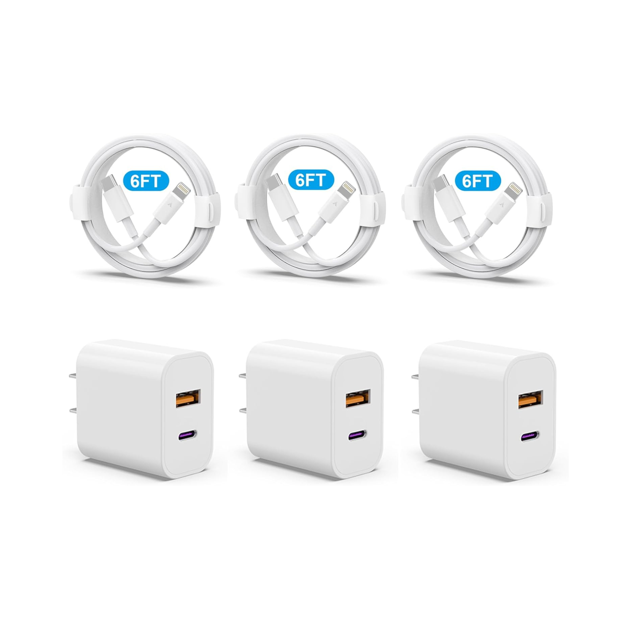 3-Pack 20W PD USB C+QC3.0 USB A Dual Port Wall Charger w/ 6ft Cables