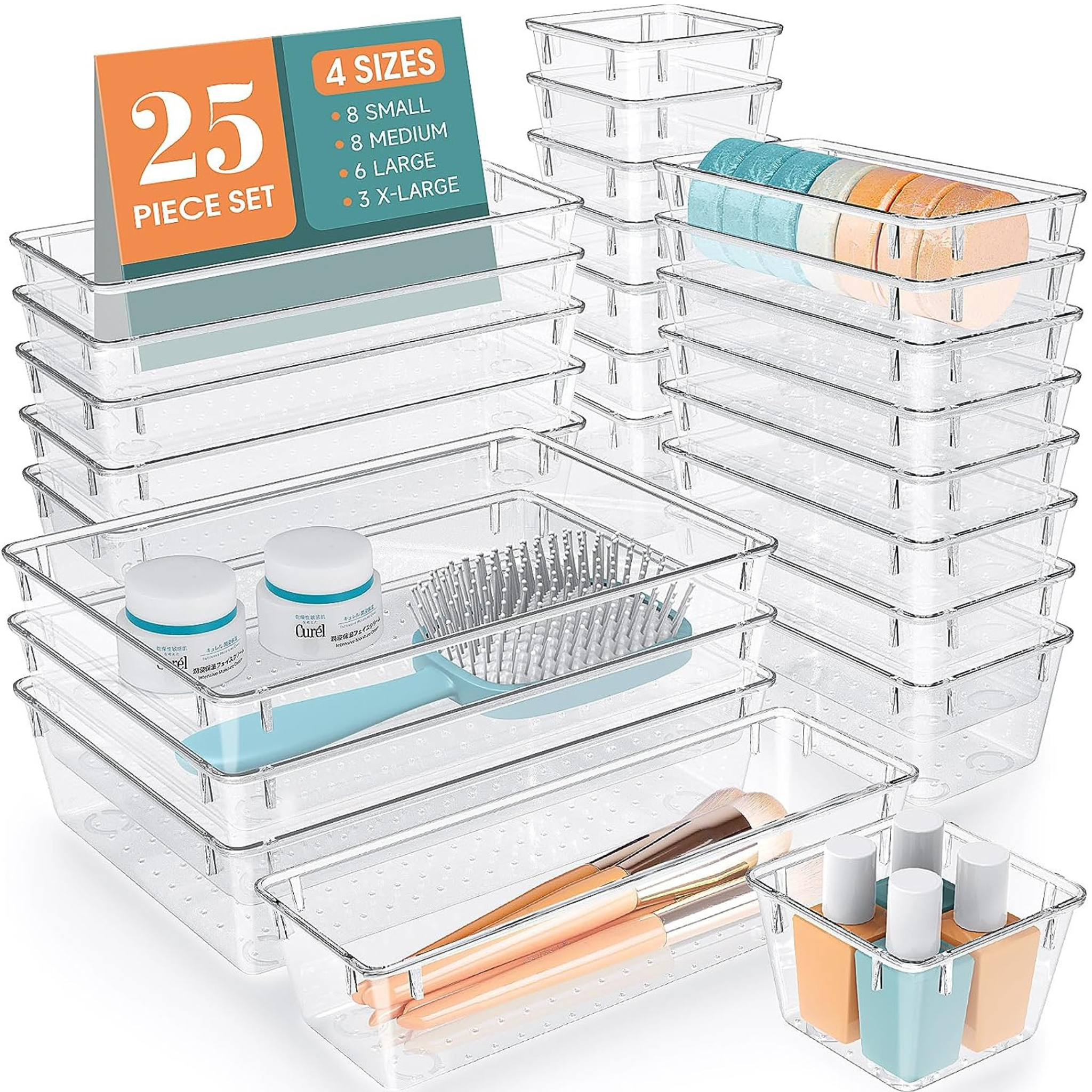 25-Pc Clear Plastic Drawer Organizer Set