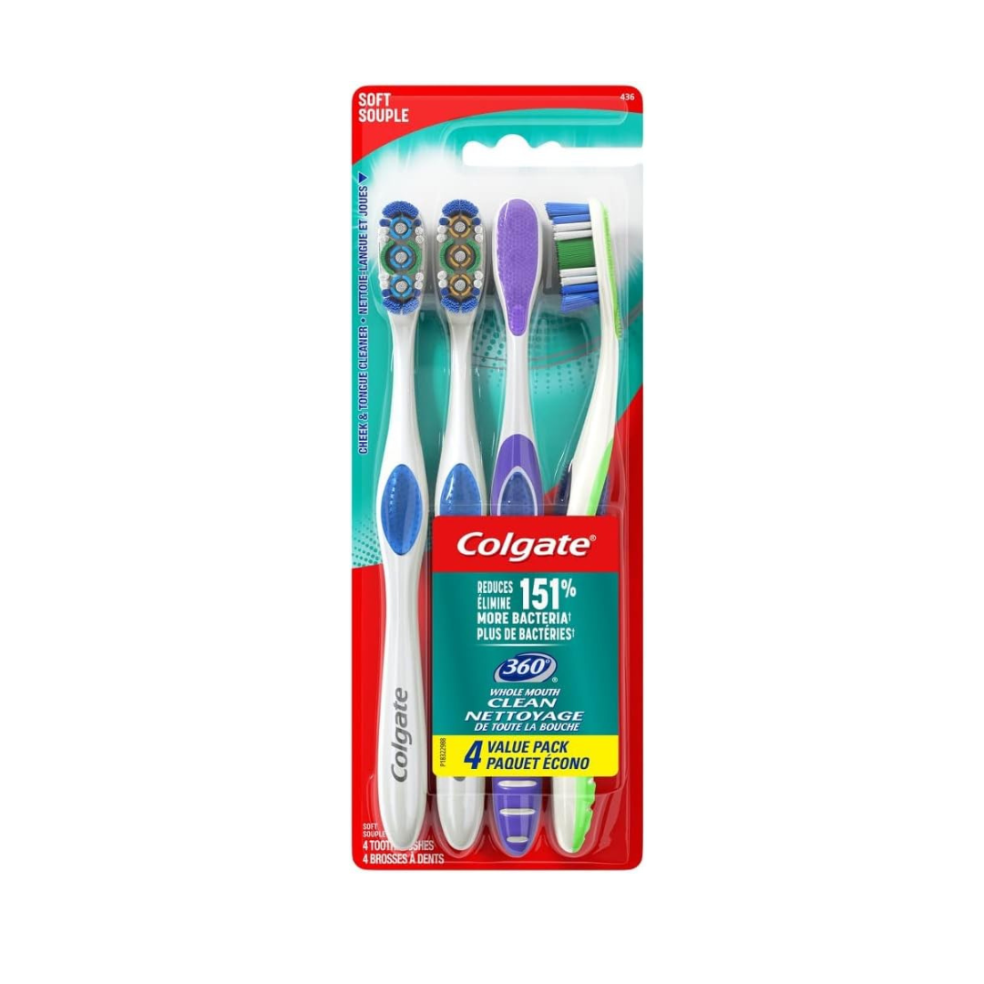 4-Pack Colgate 360 Whole Mouth Clean Soft Toothbrush for Adults