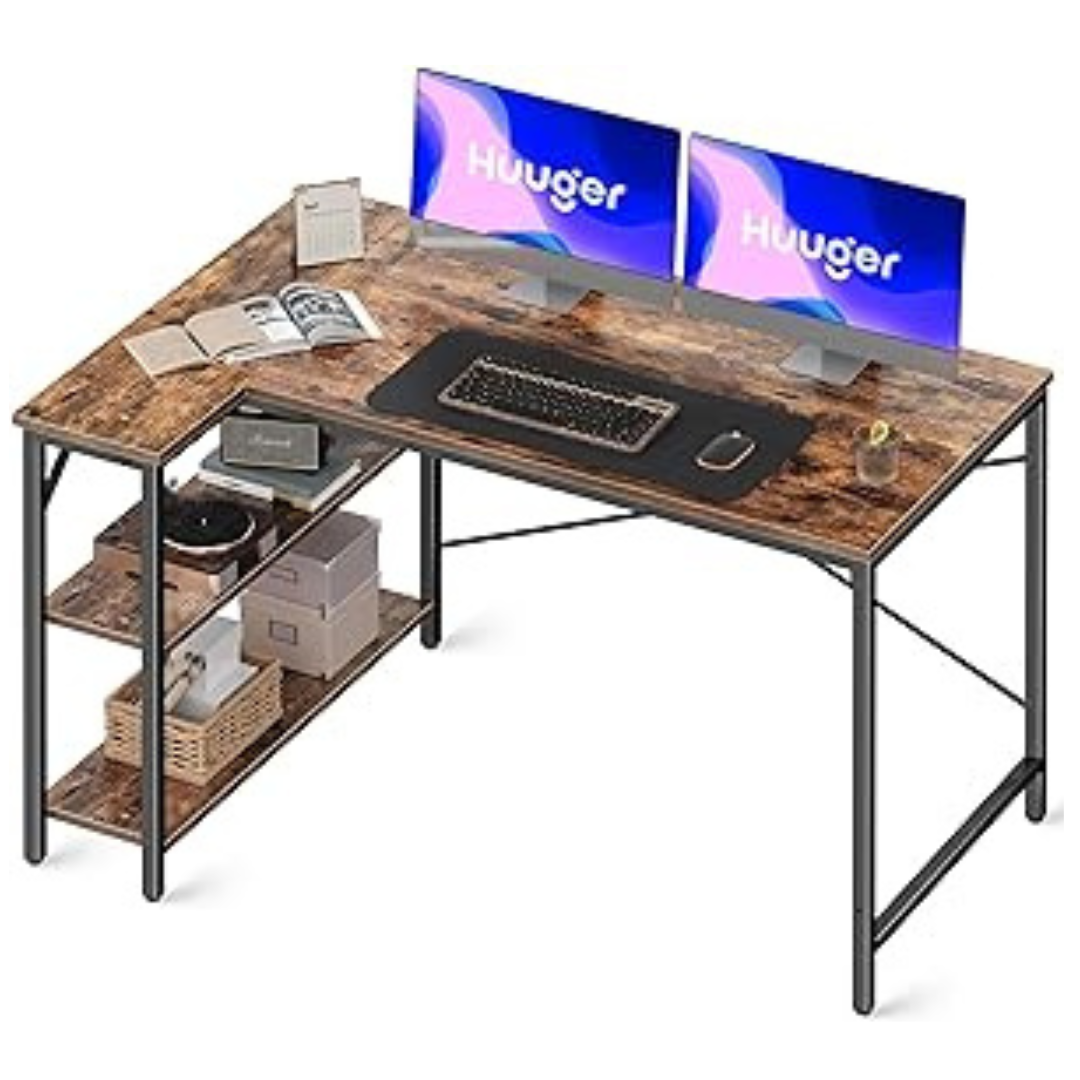 Huuger L Shaped Computer Desk with Reversible Storage Shelves