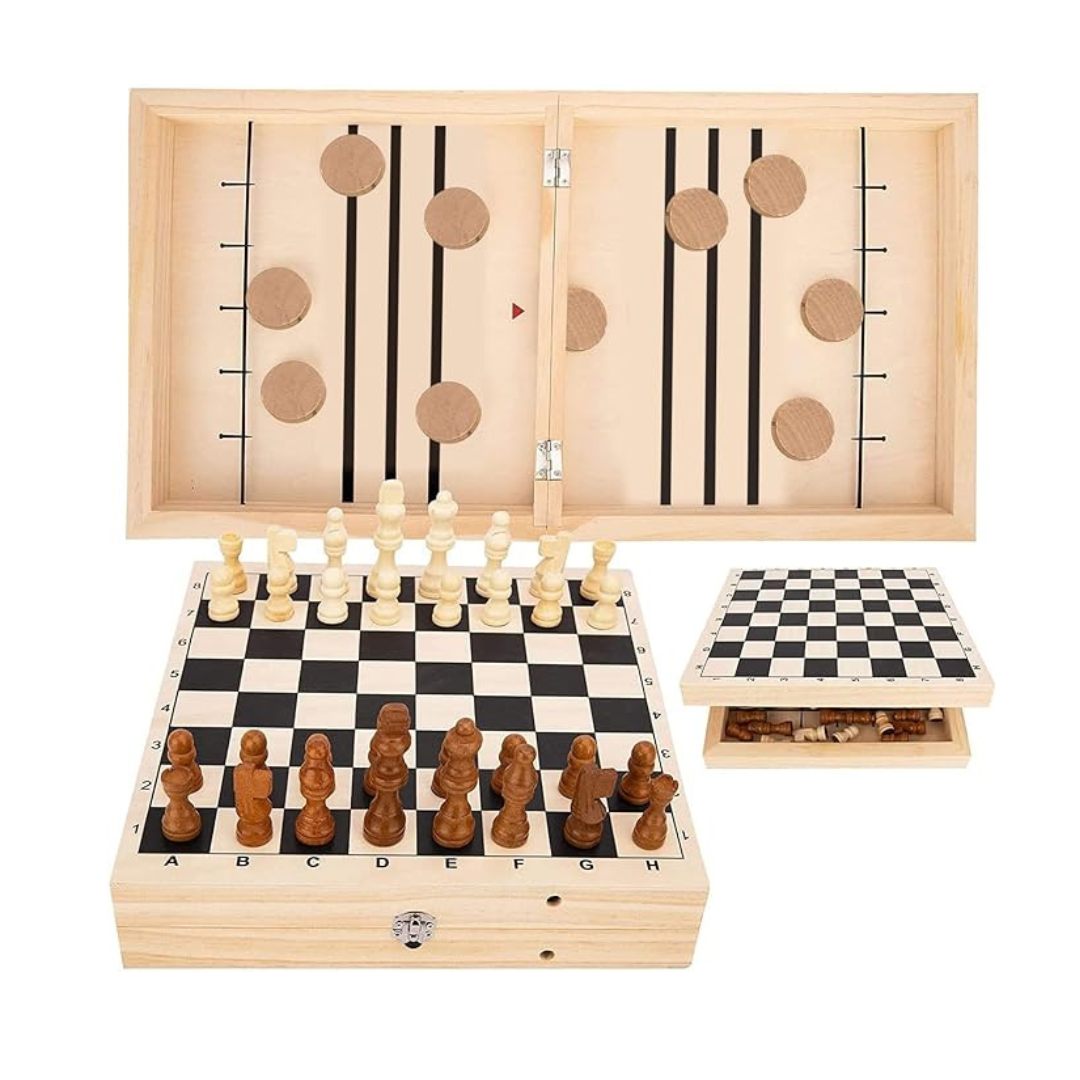 2-in-1 DreamToyz Wooden Fast Sling Puck Game with Chess Game