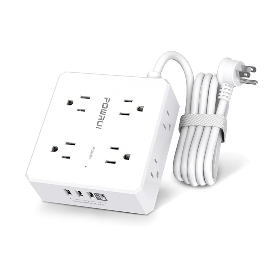 Powrui 6ft Flat Plug Extension Cord with 8 Widely Outlets and 4 USB Ports