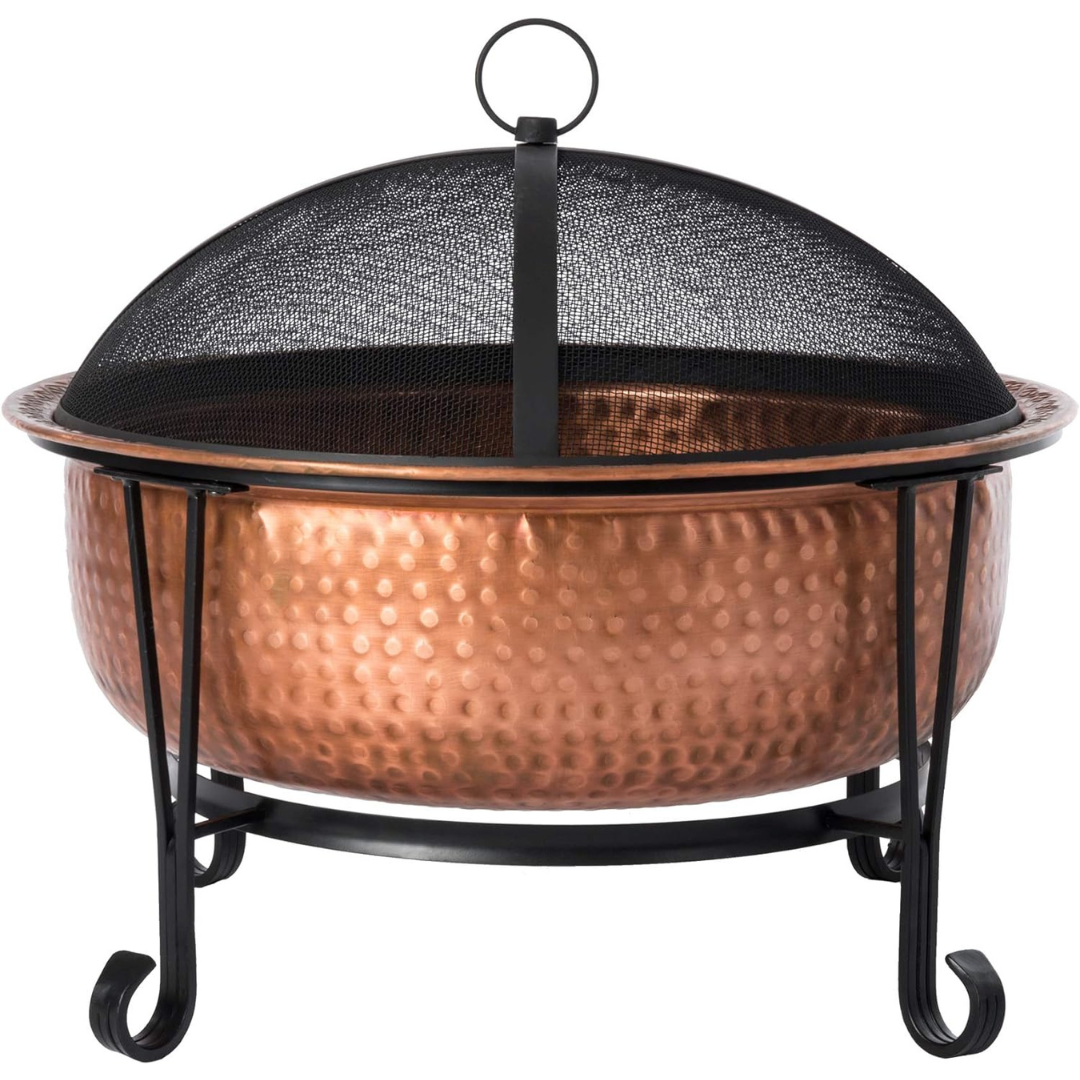 Fire Sense 29" Round Wood Hammered Finish Copper Fire Pit