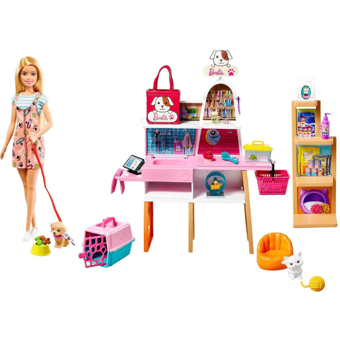Barbie Doll and Pet Boutique Playset with 4 Pets