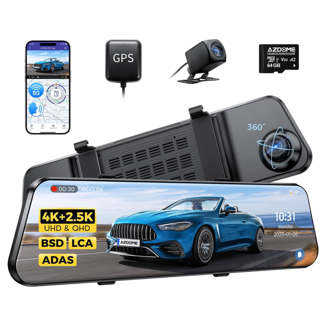 12" AZDOME PG17 Max 4K+2.5K Mirror Dash Cam With ADAS, BSD And LCA