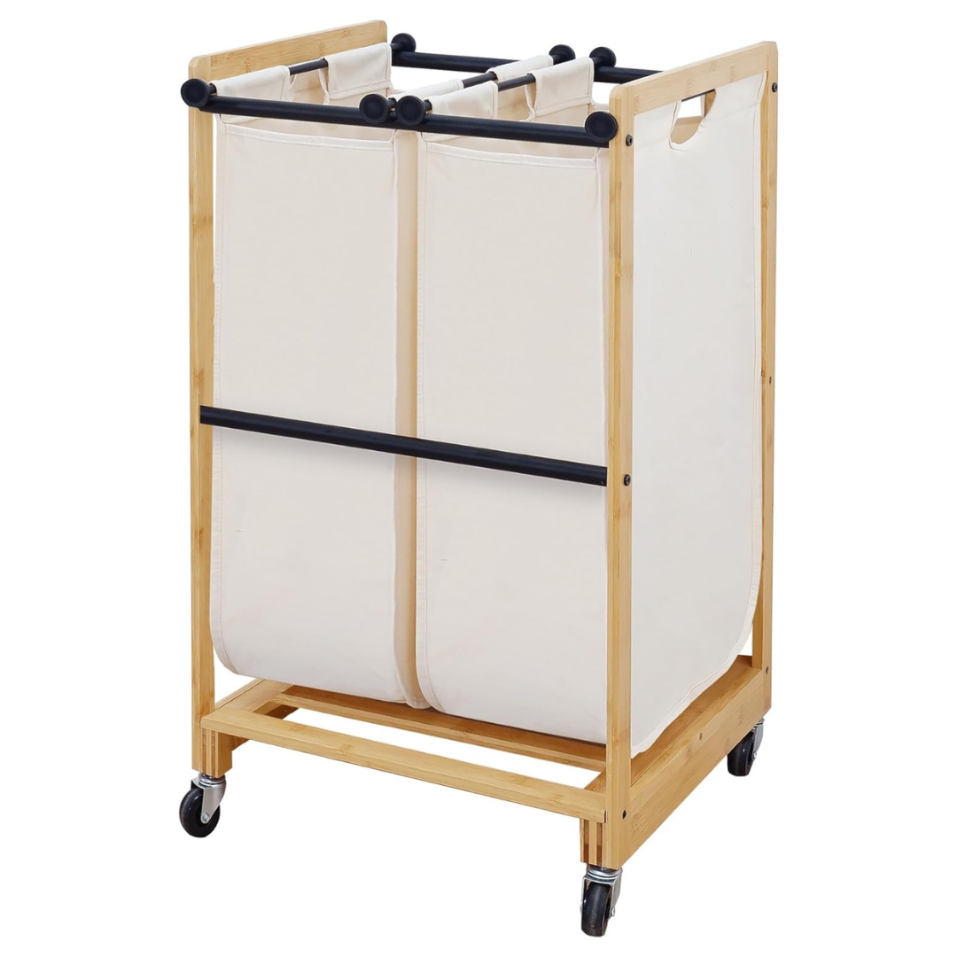 2 Section Rolling Laundry Cart Basket With Bamboo Frame & Wheels