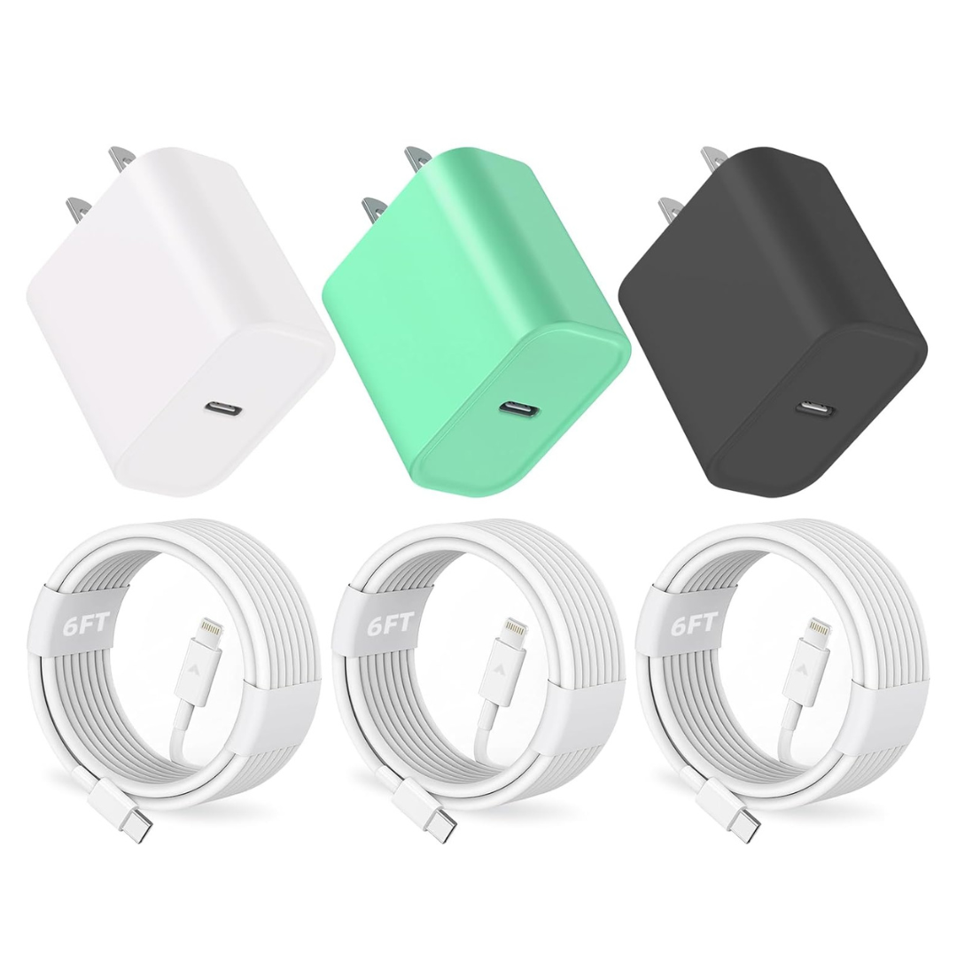 3-Pack Ilouyu 20W PD USB-C Wall Charger Adapter With 6ft Cable