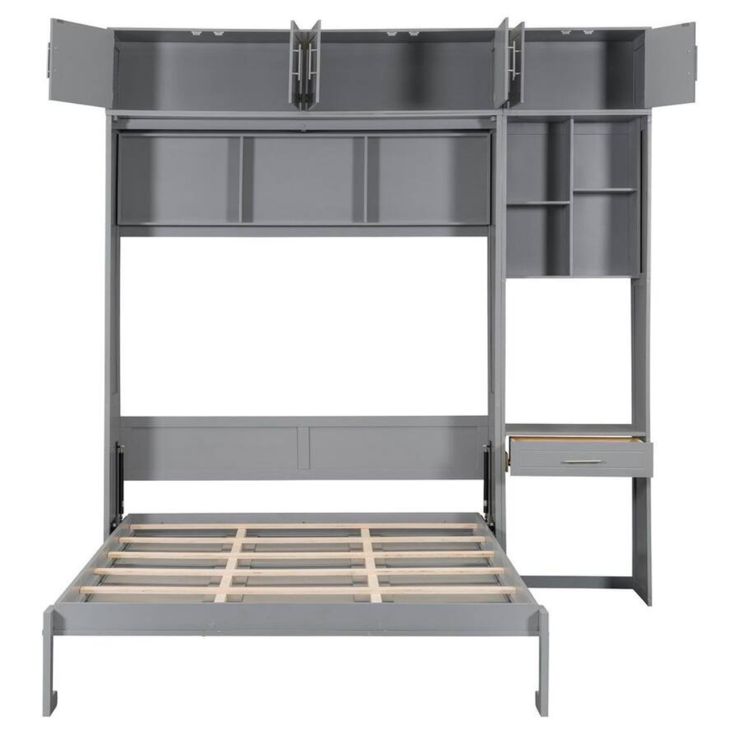 Wood Frame Queen Size Wall Murphy Bed With Desk