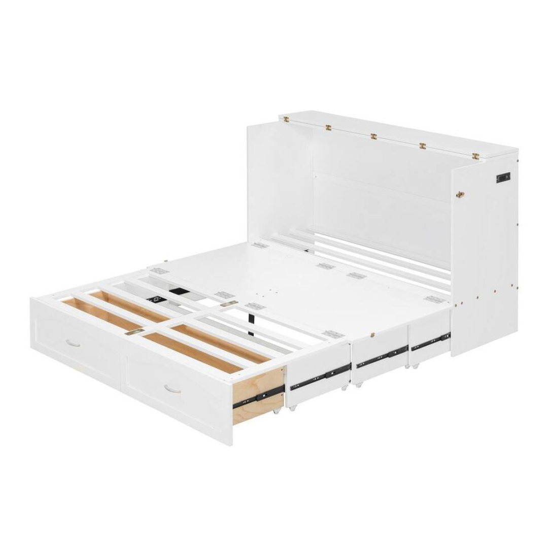 Wood Frame Queen Size Murphy Bed With Built-in Charging Station