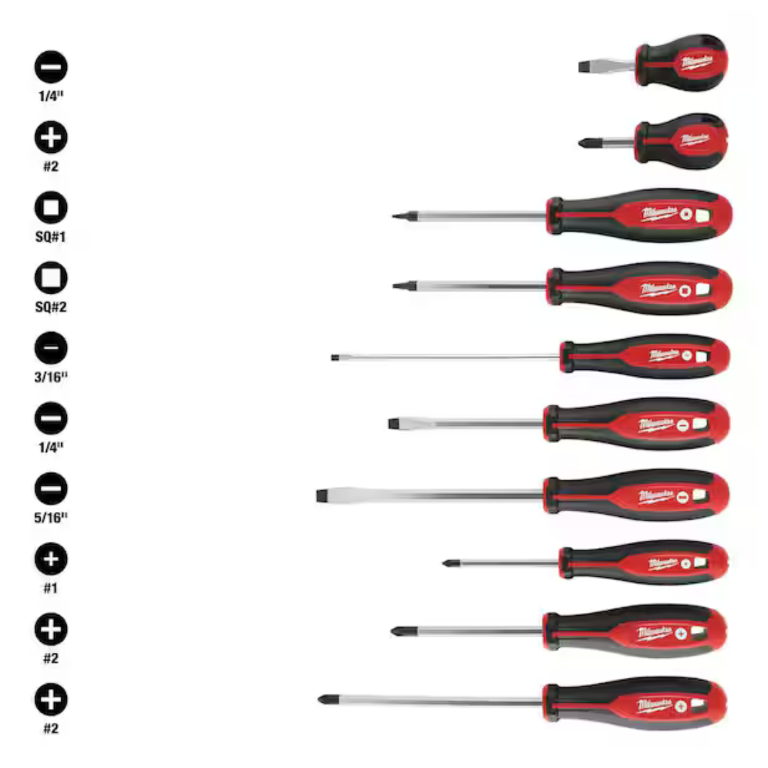 10-Piece Milwaukee 3-8" Phillips/Slotted/Square Screwdriver Kit