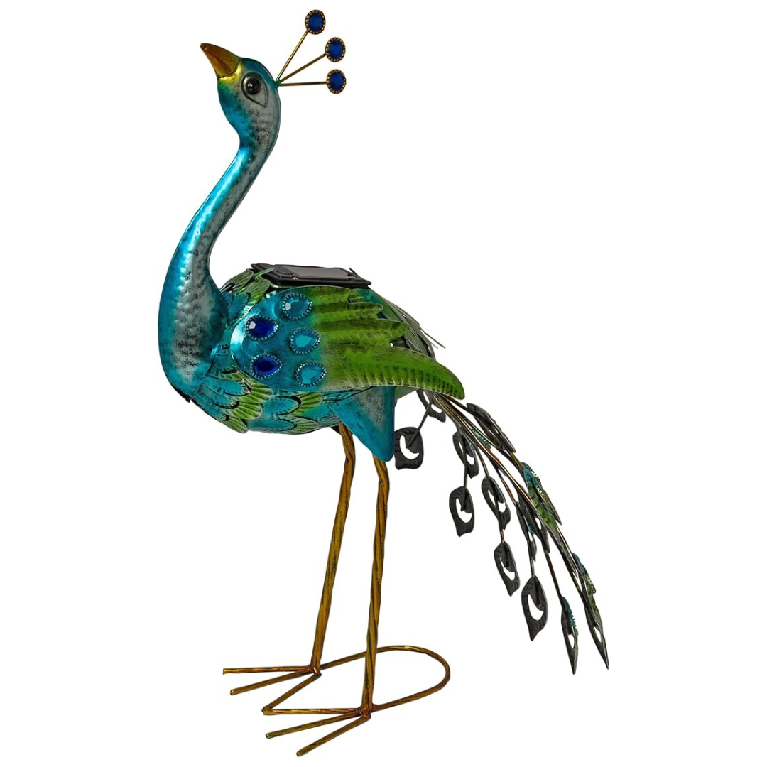 Alpine Corporation 20" Solar-Powered Peacock w/ Cool White LED Lights
