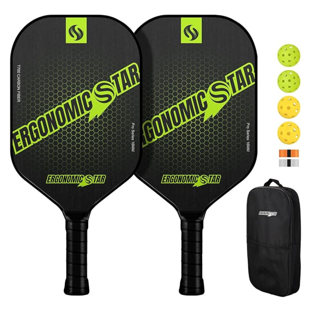 Ergonomicstar Carbon Fiber Pickleball Set w/ 2 Paddles, 4 Balls, 2 Grip Tapes