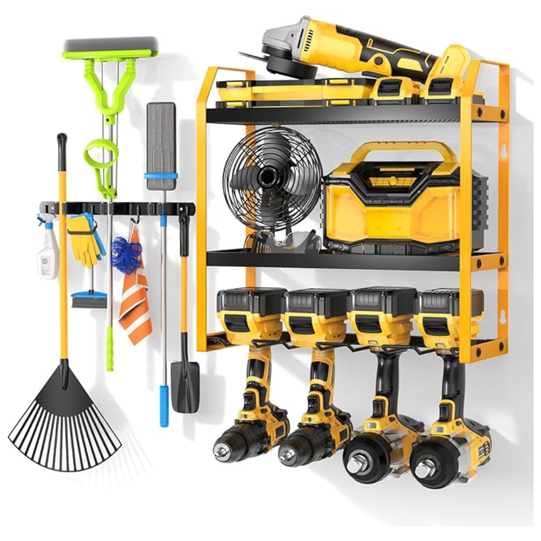 3-Tier Wall Mount Power Tool Organizer with Broom Holder
