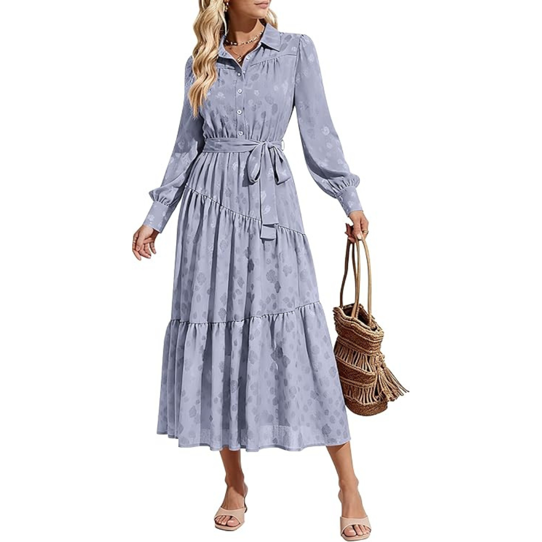 Women's Long Sleeve Floral Print Belted Maxi Dress (various colors)