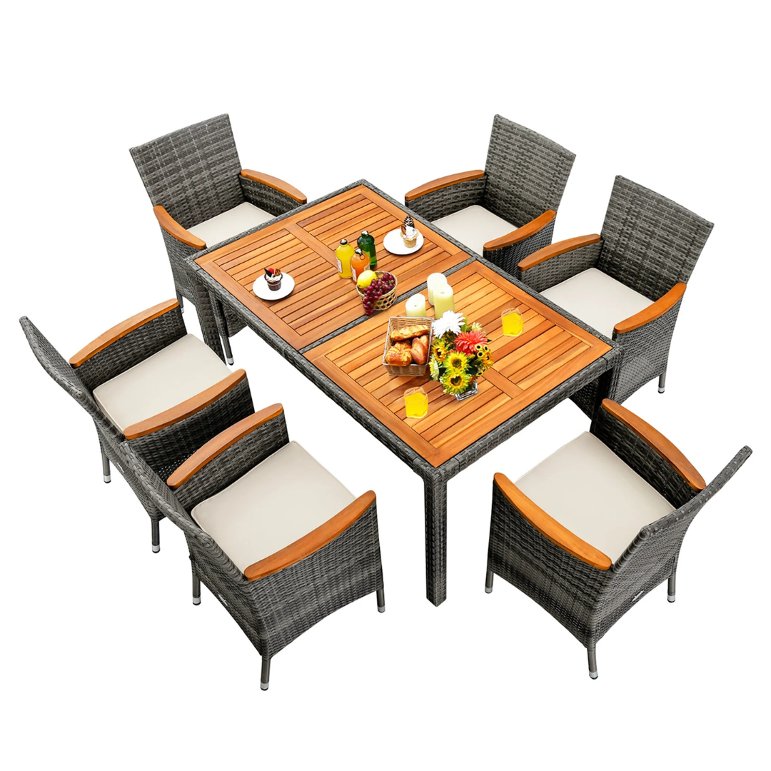 7-Piece Costway Patio Rattan Acacia Wood Table & Chair Set