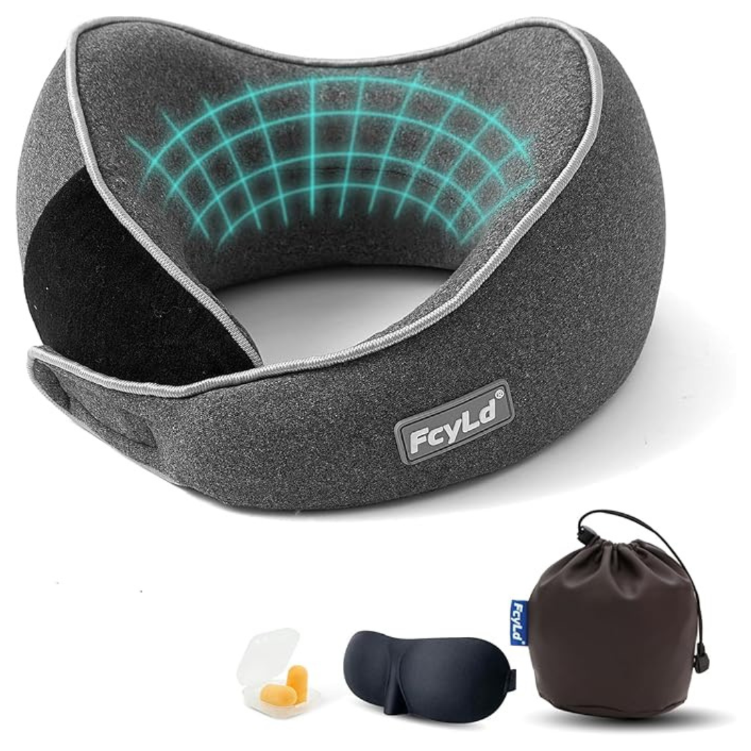 Portable Memory Foam Travel Neck Pillow W/Eye Mask & Earplugs
