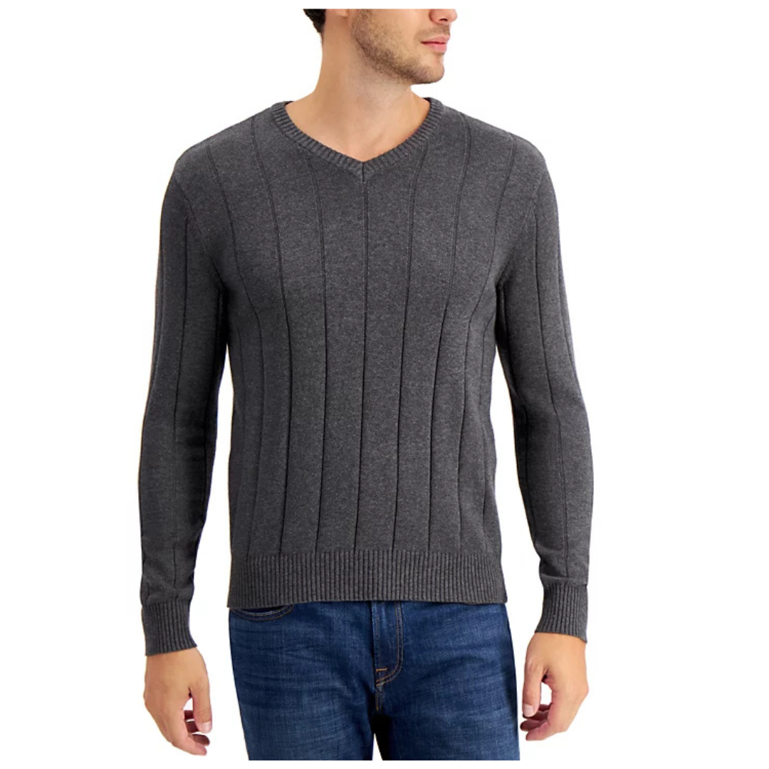 Men's Drop-Needle V-Neck Cotton Sweater