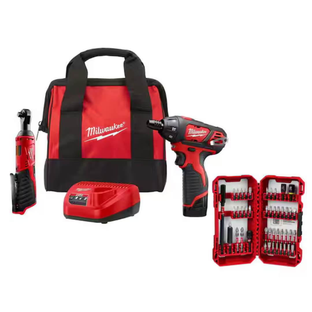 Milwaukee M12 12V Cordless 3/8" Ratchet & Screwdriver Kit With Battery, Bit Set, Charger, Tool Bag