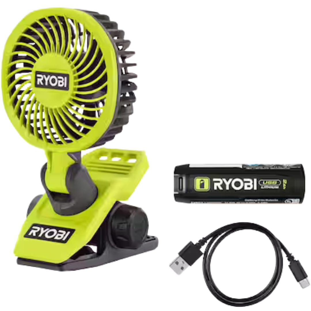Ryobi USB Lithium Clamp Fan Kit W/Lithium 2.0 Ah Rechargeable Battery