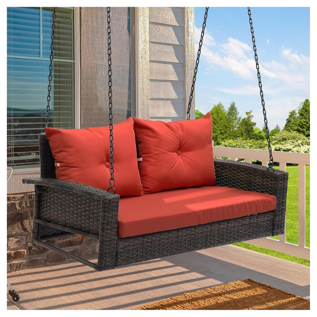 YITAHOME Rattan Wicker Hanging Porch Swing Chair W/ 2 Back Cushions Capacity 530lbs