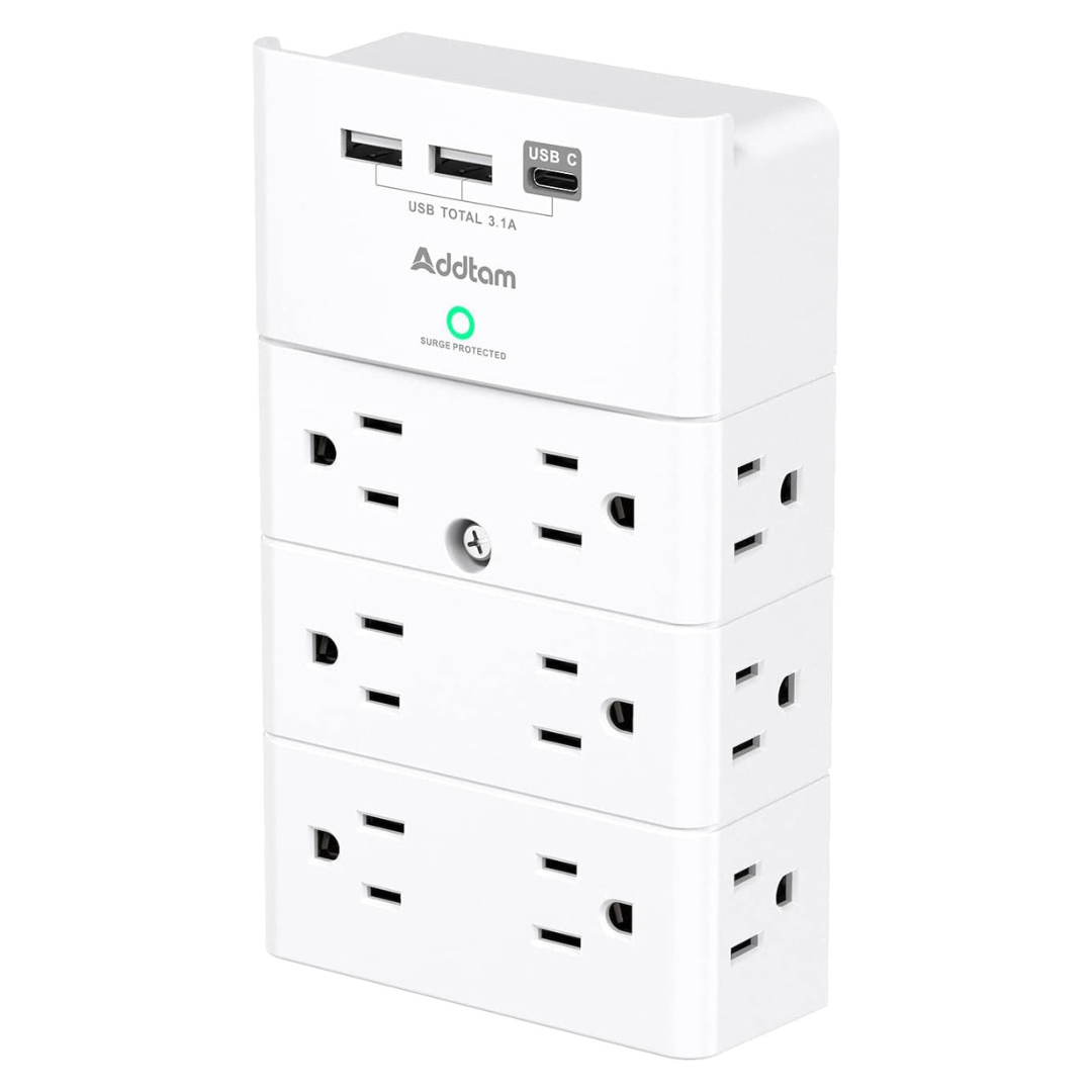 Addtam Wall Mount Surge Protector With 12 Outlet Extender