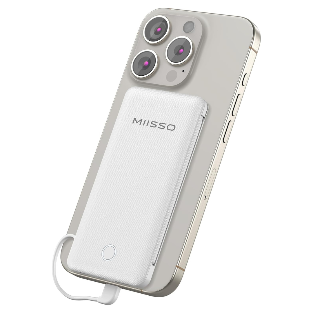 10000mAh Slim USB-C Portable Power Bank With Built-in Cables (White)