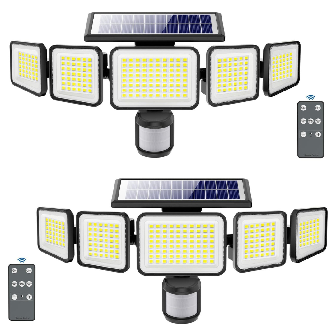 2-Pack 3000LM 5-Adjustable Heads Solar Motion Sensor LED Flood Light