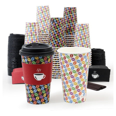 100 Paper Coffee Cups with Lids & Sleeves