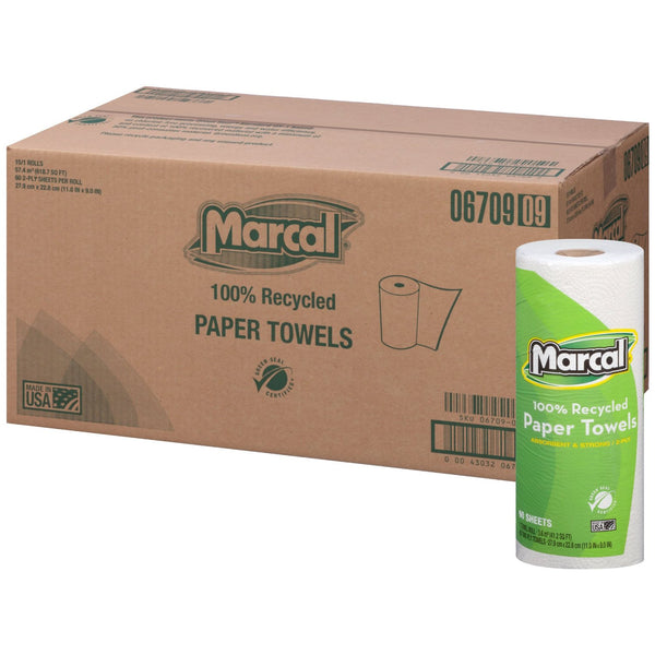 Marcal Recycled Roll Towels, 9 x 11 Inches, 60 Sheets/Roll, 15/Carton