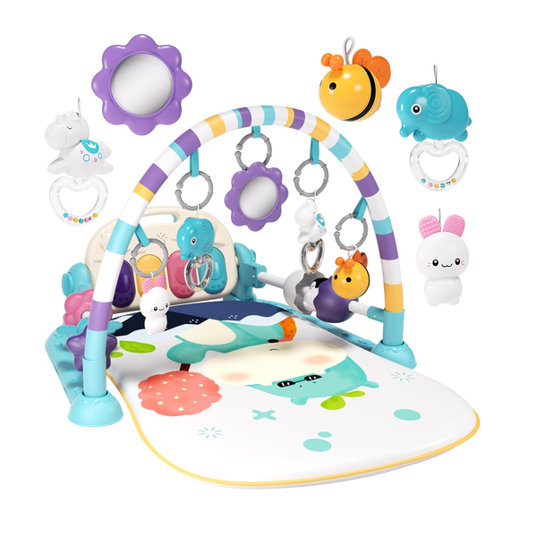 Jovow Baby Gym with Kick & Play Piano, 5-in-1 Activity Mat & Sensory Toys