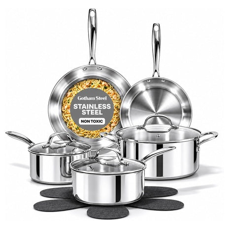 10-Piece Gotham Steel Stainless Steel Cookware Set With Induction Bottom