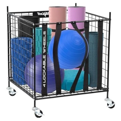 Metal Rolling Sports Ball Storage Cart With Lockable Wheels