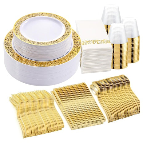 350 Piece Gold or Silver Disposable Dinnerware Set (2 Colors)