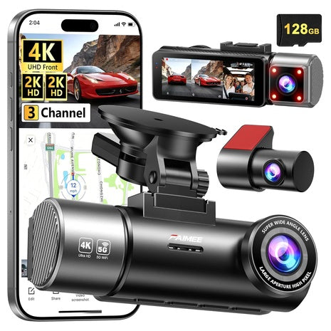 4K+2K+2K 3-Channel Dash Camera w/ 128GB Card and Built-in GPS