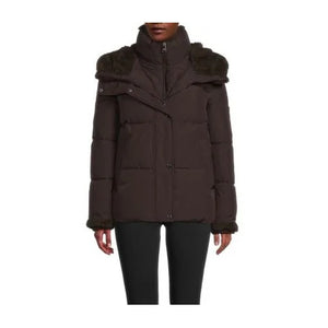 DKNY Women's Faur Fur Trim Layered Hooded Jacket