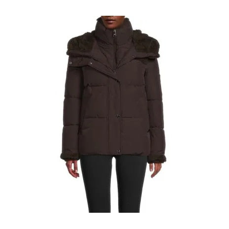 DKNY Women's Faur Fur Trim Layered Hooded Jacket