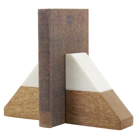 2-Pack DecMode 4" Triangle Geometric Brown Wood Bookends W/ White Marble Tops