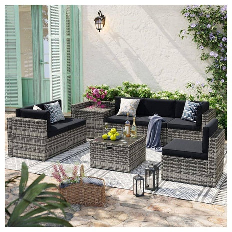 7-Piece Sizzim Wicker Rattan Outdoor Patio Conversation Set