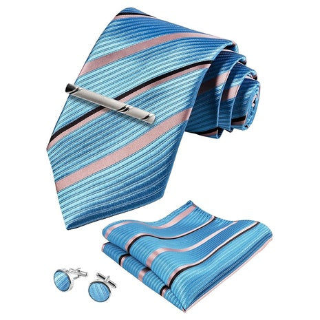 Men's Stripe Plaid Tie, Pocket Square, Cufflinks, Tie Clip Set