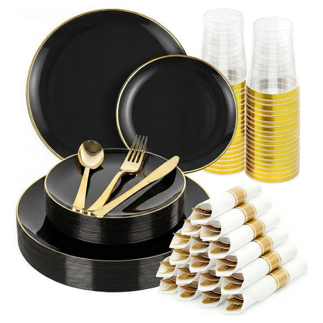 175-Piece Black & Gold Disposable Dinnerware Set