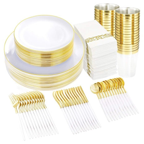 350 Gold Plastic Dinnerware Set for 50 Guests