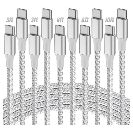 5-Pack 60W Fast Charging USB-C to USB-C Nylon Braided Cables